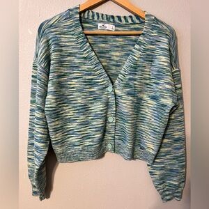 Hollister Cropped Cardigan Blue and Green Heathered Pattern Size Large